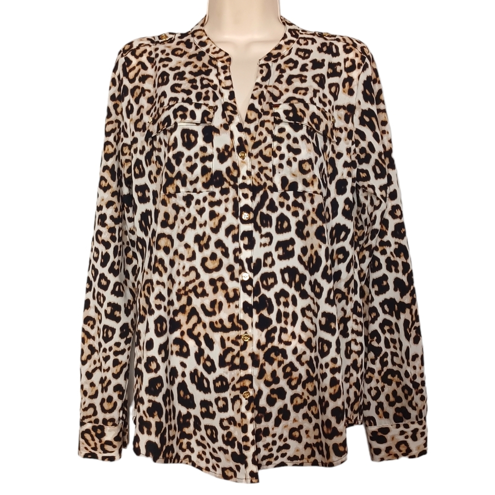 CHARTER CLUB Button Front Brown Tan Leopard Animal Print Long Sleeve Top Small